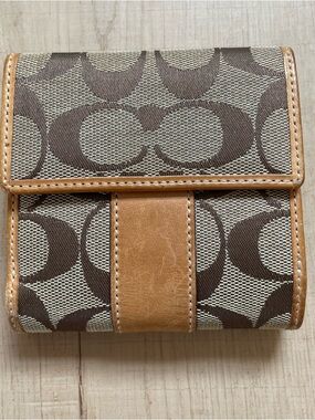 Coach Brown and Tan Signature Canvas  Bifold Wallet